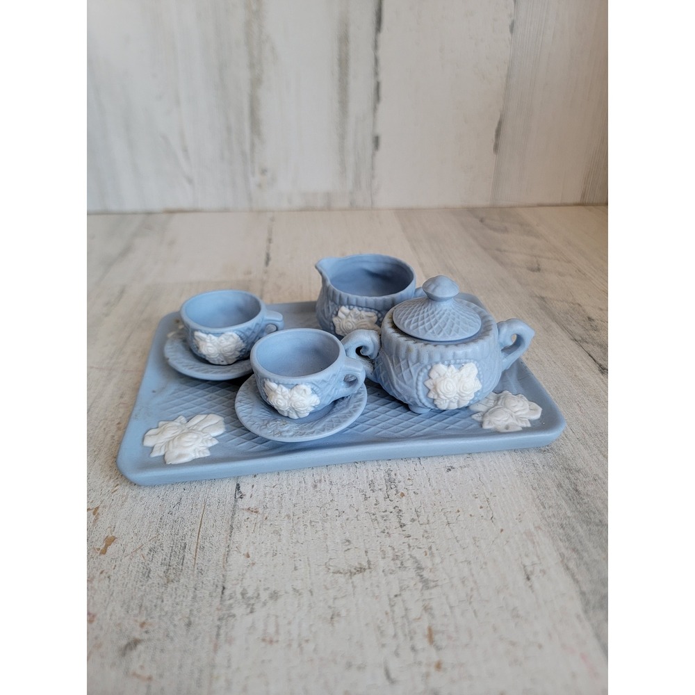 Vintage‎ ceramic mini blue teapot cup play set home decor set floral figure